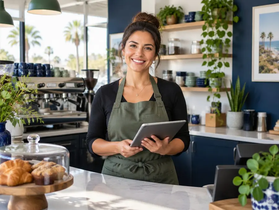 Smiling local business owner at her coffee shop in the Coachella Valley